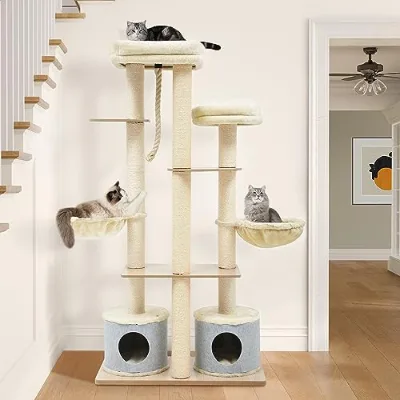 Tall Solid Wood Cat Tree Heavy Duty with 2 Condos for Small Animals Eco-Friendly Removable Pads