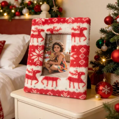 Christmas Photo Frame with Flannel Print, Christmas Decoration Frame, Fabric Art Frame, 6-7 Inch Density Board Frame