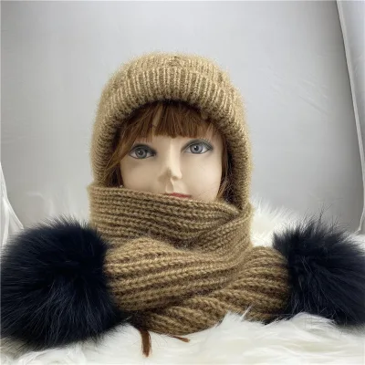 Knit Hooded Scarf Scarves Shawl Crochet Hat Soft Ladies Winter Hats and Scarf Set
