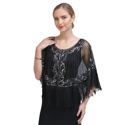 Last O-neck Elegant Bohemian Sequin Mesh Tassel Cardigan Shawl Scarf for Party Evening Dress Wear Accessory