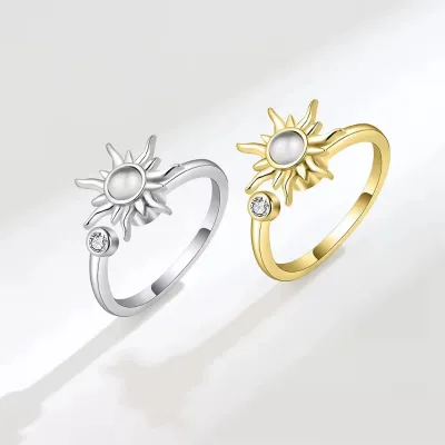 Sun Moonstone Rotatable Couple Rings Spinning Sunflower Anxiety Relief Relaxed Adjustable Ring Perfect Gift for Friendship