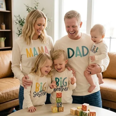 100% Cotton Family Matching Outfits Long Sleeve T-Shirts Onesie Custom Letter Printed Parent and Kids Clothes Set