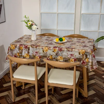 Transparent Floral PVC Tablecloth Waterproof Oilproof Rectangle Vinyl Table Cover for Home Dining Table