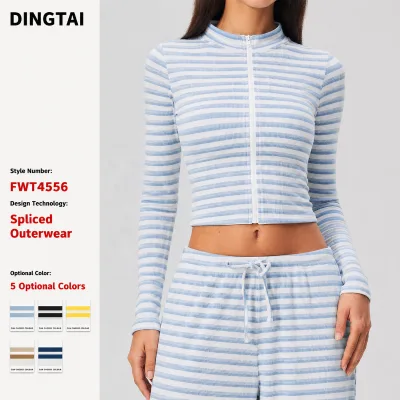Dingtai Striped Fleece Jacket Women Stand Collar Cropped Slim Fit Long Sleeve Breathable Running Fitness Cardigan GCC Certified