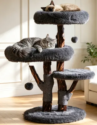 Natural Wood Cat Tree Real Log Cat Tower Plush Platform Indoor Large Multi-level Cat Perch Tree for Rest Play