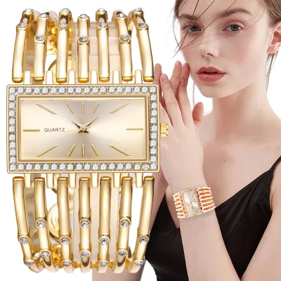 Casual Hollow Clock Girl Diamonds Rectangle Wristwatch Wholesale Ladies Stainless Steel Bracelet Women'S Fashion Quartz Watches