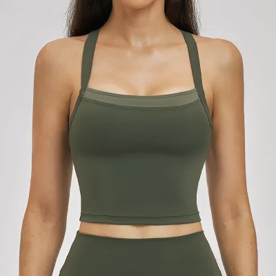 Women Sculpt Seam Yoga Tank Cross Back Colorblock Activewear 6116