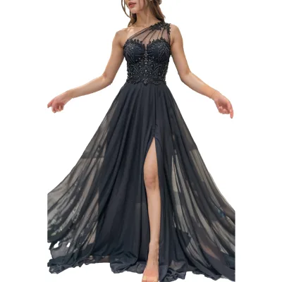 Elegant Trendy One Shoulder Black Chiffon Prom Dress Ruffles Long Satin Skirt Lace Decoration Classic Ball Gown for Party