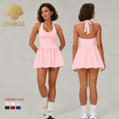 Trend 2026 Women's Halter Neck Tennis Dress with Built-in Shorts and Pockets, Removable Chest Pads Athletic Sportswear