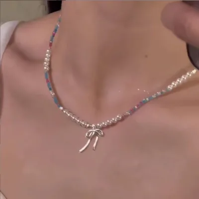 2025 Popular Handmade Lovely Cute Bowknot Charm Sea Blue Crystal Dance Ballet Beads Girls Necklaces Bracelet