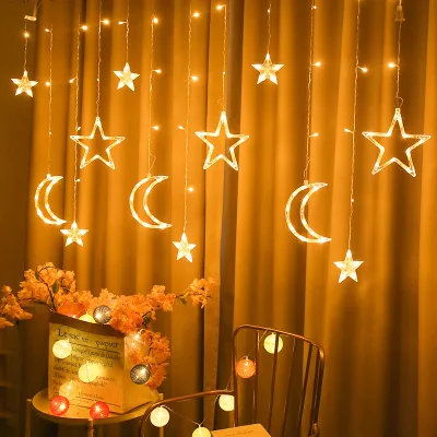Customized Eid Mubarak Ramadan Decorations Lights Moon and Star Shape Led Curtain Light Holiday Lights