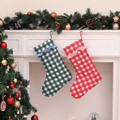 Personalized Quilted Gingham Christmas Stockings with Ruffle Trim Checkered Xmas Stockings for Home Holiday Decor