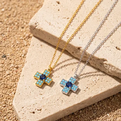 Brass Turquoise Blue Round Zircon Cross Pendant Necklace for Women Fashion Jewelry Gift