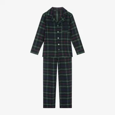 Boys Navy Blue Plaid Cotton Breathable Pyjamas Spring Two Piece Children Sets Long Sleeves Pants 11 Yr