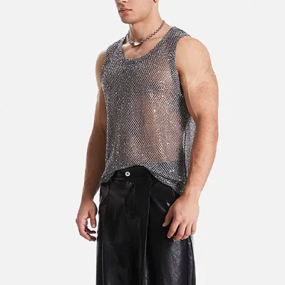 Men's Fishing Net Back Hollow Camisole Vest Mens Perspective Sequin Jumping Suit Party and Club Sexy Tank Top for Men