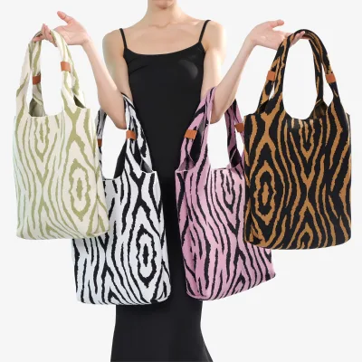 3D Knitted Zebra Print Handbag for Women Stylish Open Tote Two Handles Trendy Vintage Eco-Friendly Large Capacity Shopping Bag