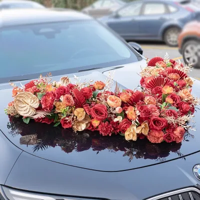 Customized Red Gold Wedding Car Floral Arrangement Suction Cup Mounted Artificial Flower Front Hood Decoration