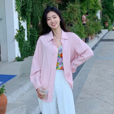 Hot Sale New Summer Casual Loose Solid Color Long Sleeve Ladies Shirt Plain Color Custom Top