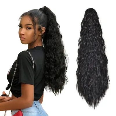 22-Inch Natural Black High Temperature Fiber Extension Long Curly Jaw Ponytail with Corn Wave for Women Girls Claw Clip Style