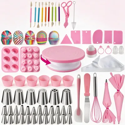 320-Piece Plastic Eco-Friendly Pastry Cake Turntable Set Decorating Tips Piping Bags Cream Scrapers Spatulas Muffin Cups Baking