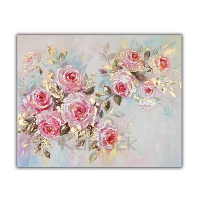 Pink Rose Embellished Canvas Painting Art With Rhinestone and Gold Foil
