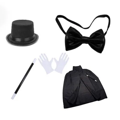 Adult Magician Wizard Role-playing Game Costume Hat Wand Gloves Bowtie Cloak Set for Halloween Cosplay