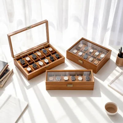 custom wooden watch strap box Visible Glass Cover Walnut wood watch storage box elegant Vintage wood ap watch box