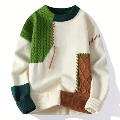 Autumn Winter Men's Casual Base Sweater Best Selling Loose Japanese Design With Patchwork Pattern Ready to Send Men's Sweater