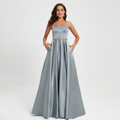 2022 a Line Scoop Neck Floor Length Satin Evening Dress Beading  Prom Dresses