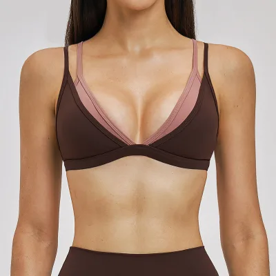 Women Seamless Double Layer Sports Bra Cross Back Contrast Color Gym Workout Yoga Training Activewear 6116