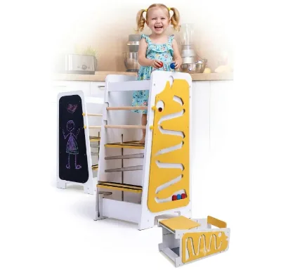 Modern Apartment-Friendly 3-Level Adjustable Height 4-in-1 Toddler Standing Tower Chalkboard Montessori Inspired Educational Toy
