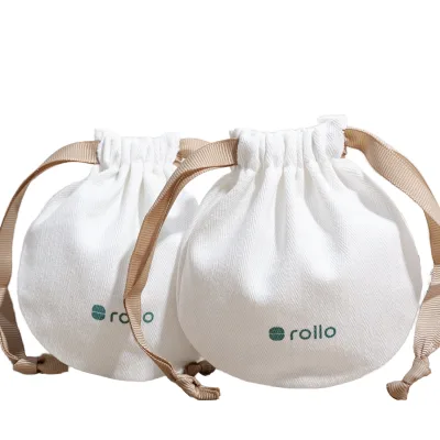 Wholesale  Logo Round Herringbone Cotton Drawstring Pouch Ribbon Closure Cotton Sack for Cosmetic Jewelry Gift Packaging