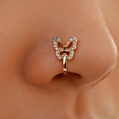 Minimalist and Personalized U-shaped Puncture Jewelry Nose Ring with Diamond Inlaid butterfly Nose Nail Without Hole Nose Clip