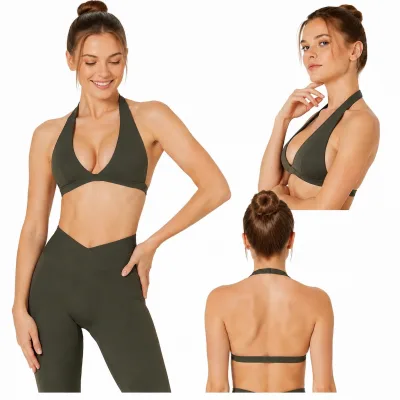 Push-up Sports Bras with Padded Backless Design, Deep V-neck Halter Neck, Suitable for Yoga, Fitness, Pilates, and Sports.