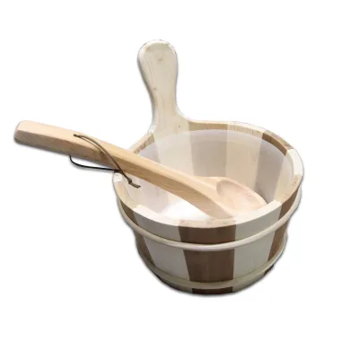 Sauna Wooden Bucket and Ladle Kit Sauna Thermometer with Liner for Sauna & SPA - Made of Premium Finland Pinewood