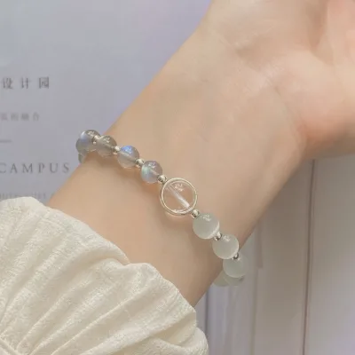 Exquisite Natural Grey Moonstone  Bracelet  With Cat's Eye Stone for Girlfriend Gift