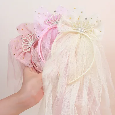 Children's Princess Crown Headband Sweet Mesh Handmade Performance Decoration Super fairy Hair Accessory Bow Headpiece