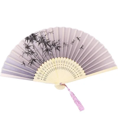 Erqing Japanese Han Dynasty Dance Fan Ancient Style 33cm Portable Folding Silk Fan Hand Painted Bamboo Craft Gift for Women