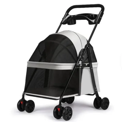 Outdoor Foldable 4-Wheel Breathable Pet Stroller for Small Dogs Cats Lightweight Portable Travel Carrier Pram Cup Holder Bottom