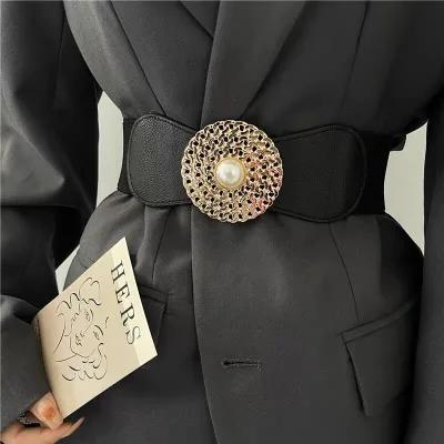 Round-buckle Chain-style Elastic Waist Cincher Women Outerwear Belt Pair Suits Dresses Black Vintage Pearl-disc Waistband Faux