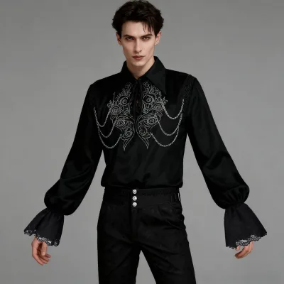 Men's Gothic Medieval Costume Pant+Shirt With Lace Mens Shirt Set Medieval Gothic Ruffled Adult Halloween Shirt Dress