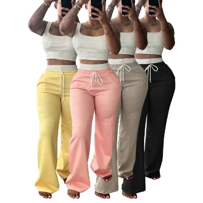 Women's Sexy Tank Tops Wide Leg Pants Sets Solid Pattern Casual Knitting Fabric Knee Length Short Tops Loose Trousers Tracksuits