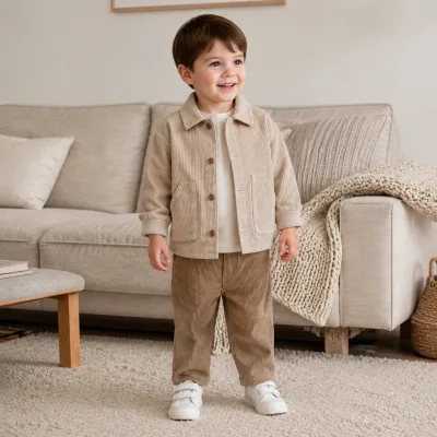 Hot Sale Plain Dyed  Corduroy Kids Lapel Shirt 1-7Y Front Wooden Buttons Rib Cuff Outerwear Autumn Daily Wear Fast Shipping