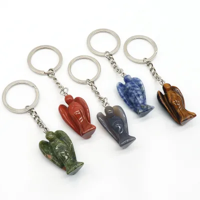 Custom Natural Healing Crystal Key Chains Crystal Carving Aangel Gemstone Mixed Quartz Crystal Angel Keychains for Gift