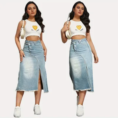 High Split Ladies Fashion Washed Denim Skirt High Waist Denim Jeans Midi Split Skirt for Women