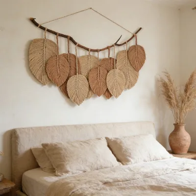 Wabi Sabi Handmade Macrame Leaf Wall Hanging Woven Natural Leaves Art for Bedroom