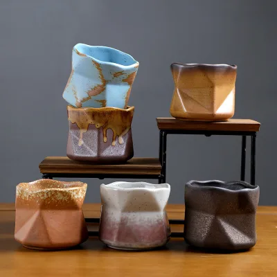 Retro Creative Irregular Shape 180ml Kiln-glazed Pleated Ceramic Teacup / Rough Pottery Espresso Cup / Stoneware Coffee Mug