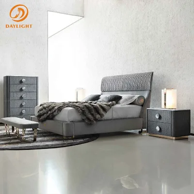 Luxury Modern Bedroom Furniture Set with Dark Grey Textured Upholstered Bed, Matching Chest of Drawers and Nightstand