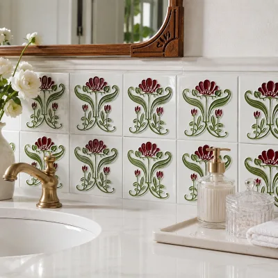 152x152mm Commercial Grade Art Nouveau Floral Embossed Tiles, Red Green Relief Wall Tiles for Hotel & Cafe Projects in Stock