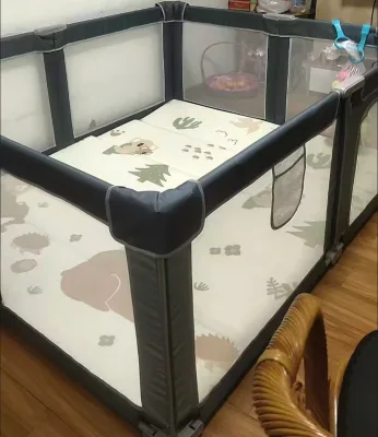 Gentle-Toned Baby Playpen Square Collapsible Fabric Play Barrier with Storage Pocket Safe Unisex Design